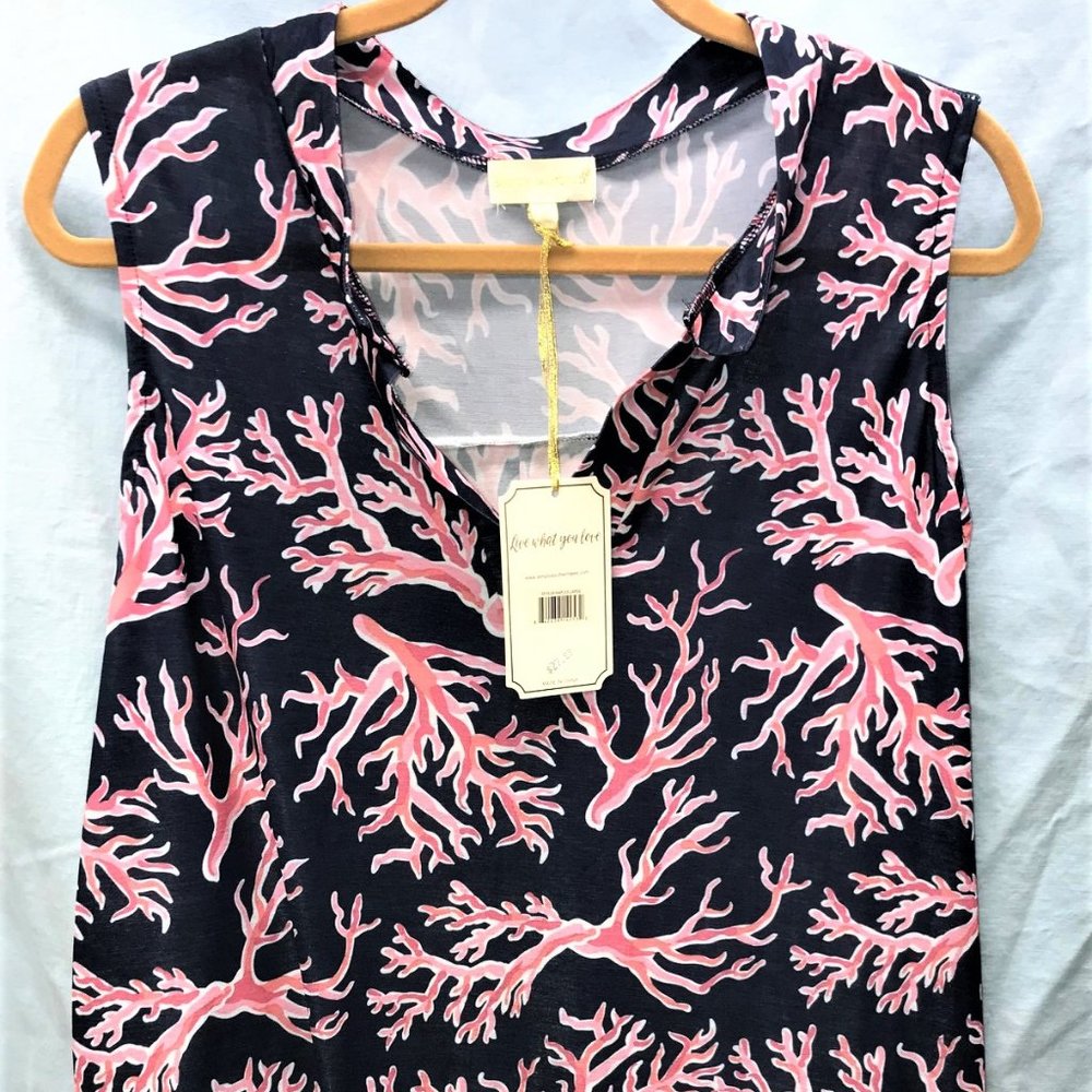 NWT Large Simply Southern Naples Pink Coral and Dark Blue Sleeveless Blouse